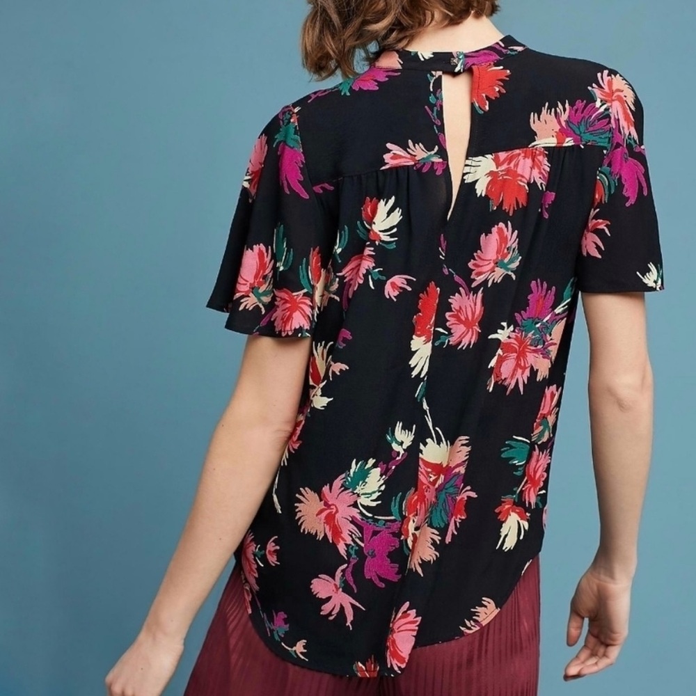 Anthropologie Maeve Bella Floral Choker Flutter Sleeve V Neck Flowy Blouse Sz XS